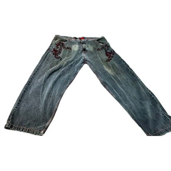 Y2K Black Baggy Jeans Mens 44 Red Dragon Print Faded Grunge Vintage Distressed - Picture 3 of 16